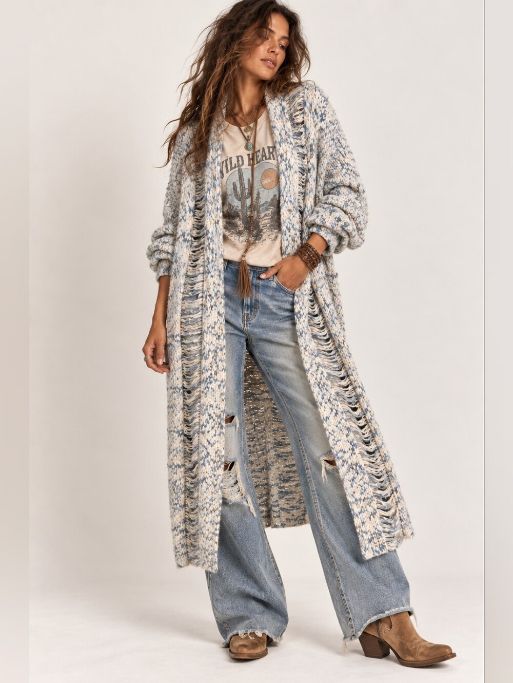 POL Distressed Open Knit Duster Cardigan Blue Ivory Size M Boho